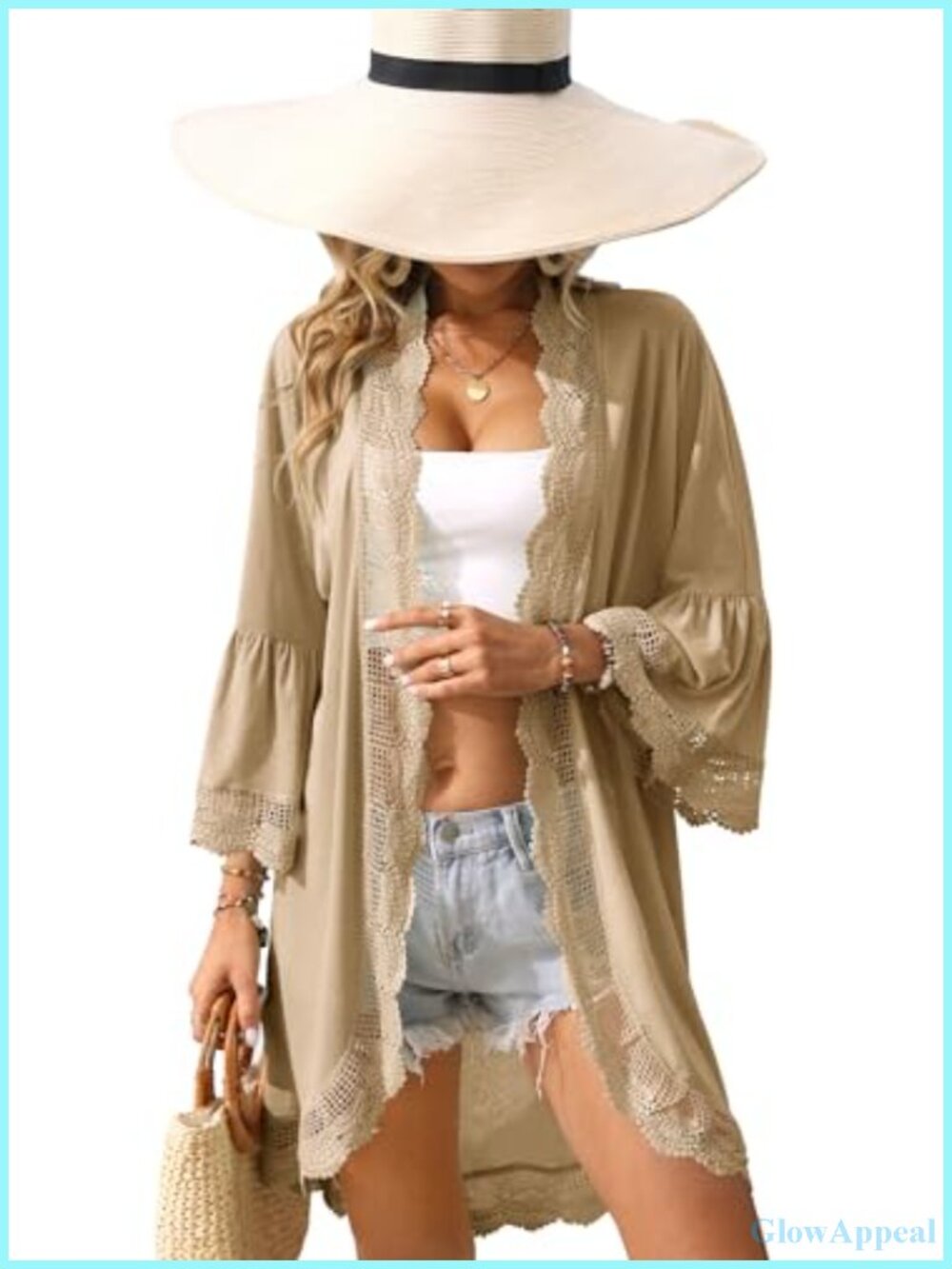Women's Summer Cardigan 3/4 Ruffle Sleeve Kimono Lace Details, 95% Polyester 5%